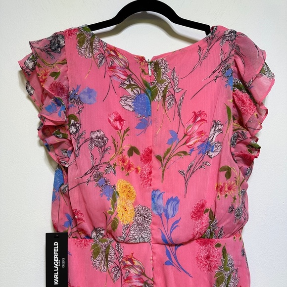Karl Lagerfeld Pink Floral High-Low Midi Dress NWT | Flutter Sleeve Asymmetrical - Picture 5 of 9